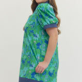 Green Blue Bloom Puff Sleeve Dress