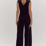 Velvet and Sequin Bow Shoulder Jumpsuit