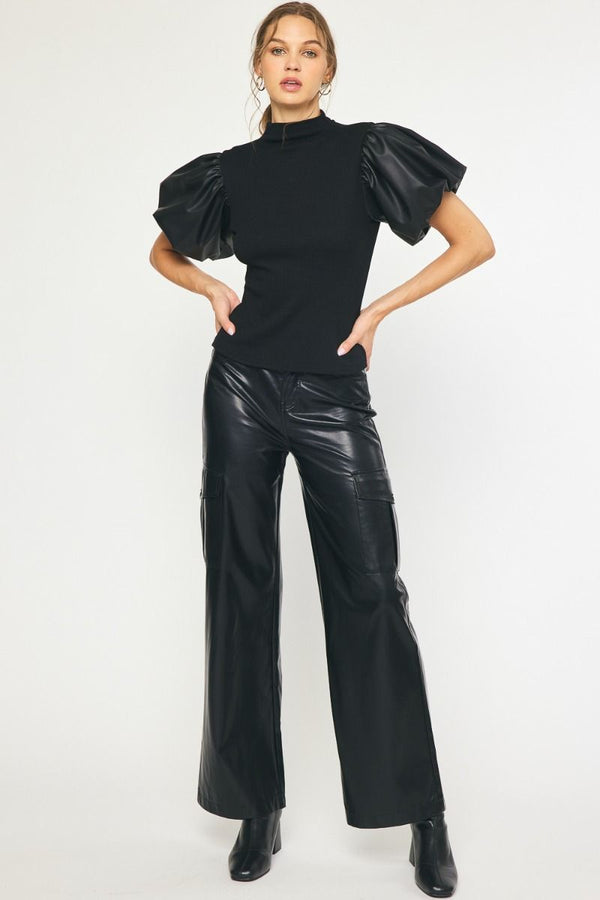 Going That Way Black Faux Leather Puff Sleeve Top