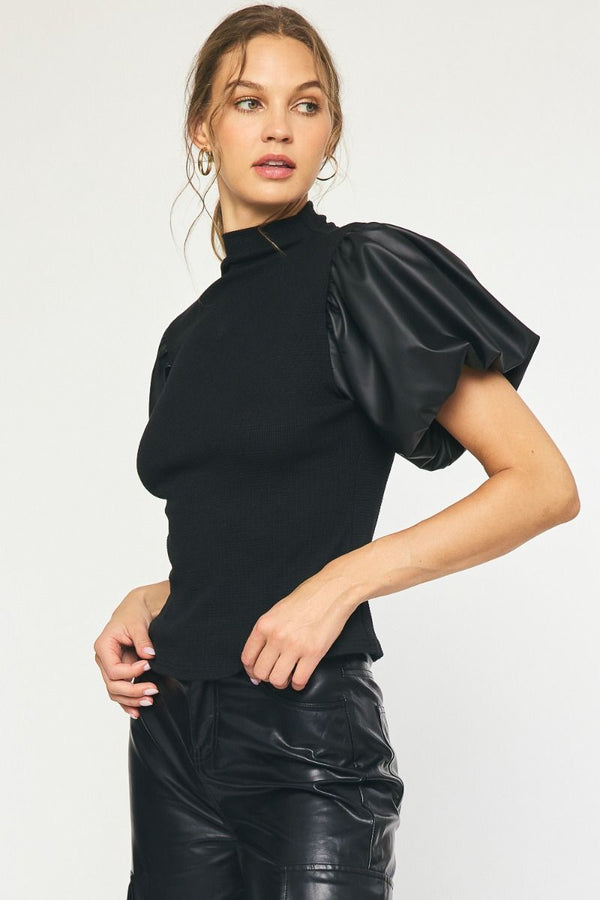 Going That Way Black Faux Leather Puff Sleeve Top