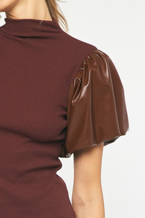 Going That Way Brown Faux Leather Puff Sleeve Top