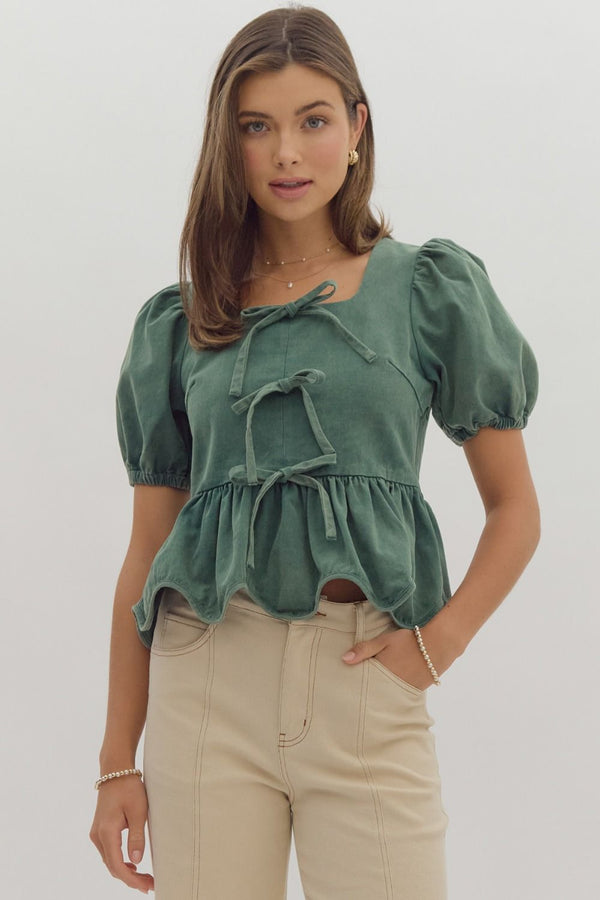 Talk Later Bow Denim Top - Forest