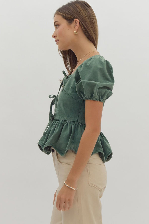 Talk Later Bow Denim Top - Forest