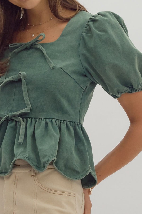 Talk Later Bow Denim Top - Forest