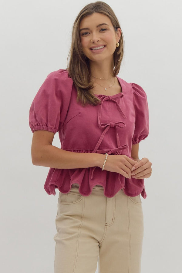 Talk Later Bow Denim Top - Plum