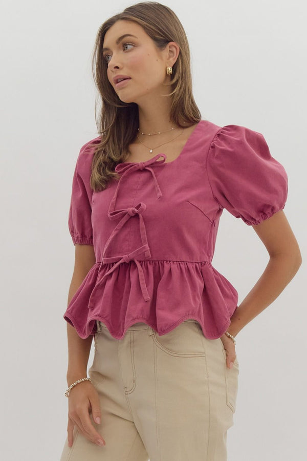 Talk Later Bow Denim Top - Plum