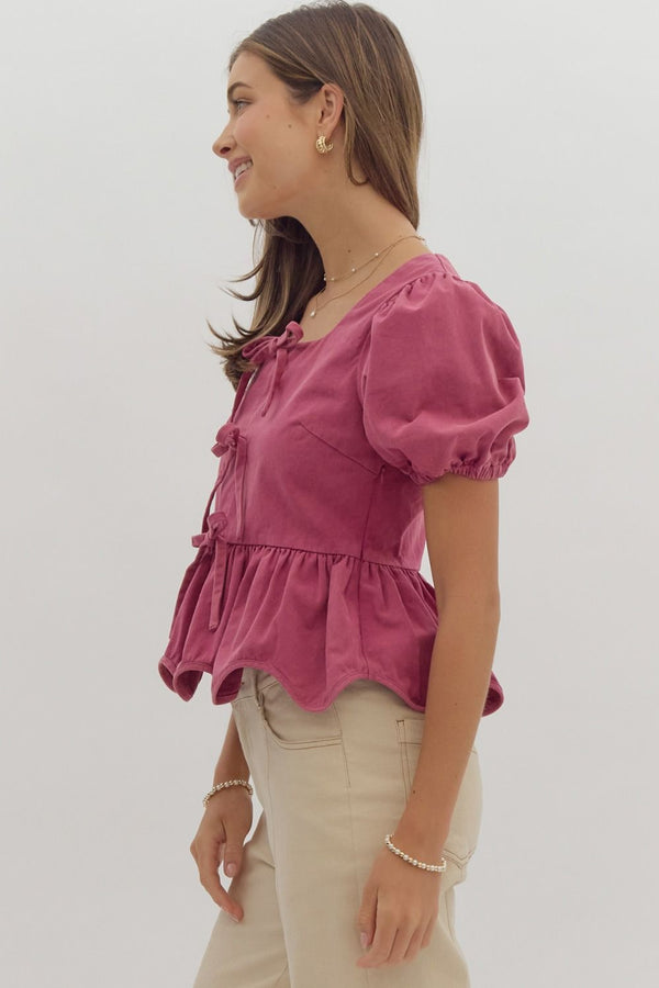 Talk Later Bow Denim Top - Plum