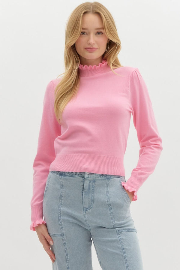 Frilled Top Be Here Long Sleeve Top -  Baby Pink