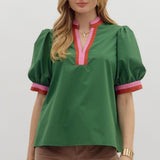 Chic Contrast Collar Top | Hunter Green Burgundy Pink