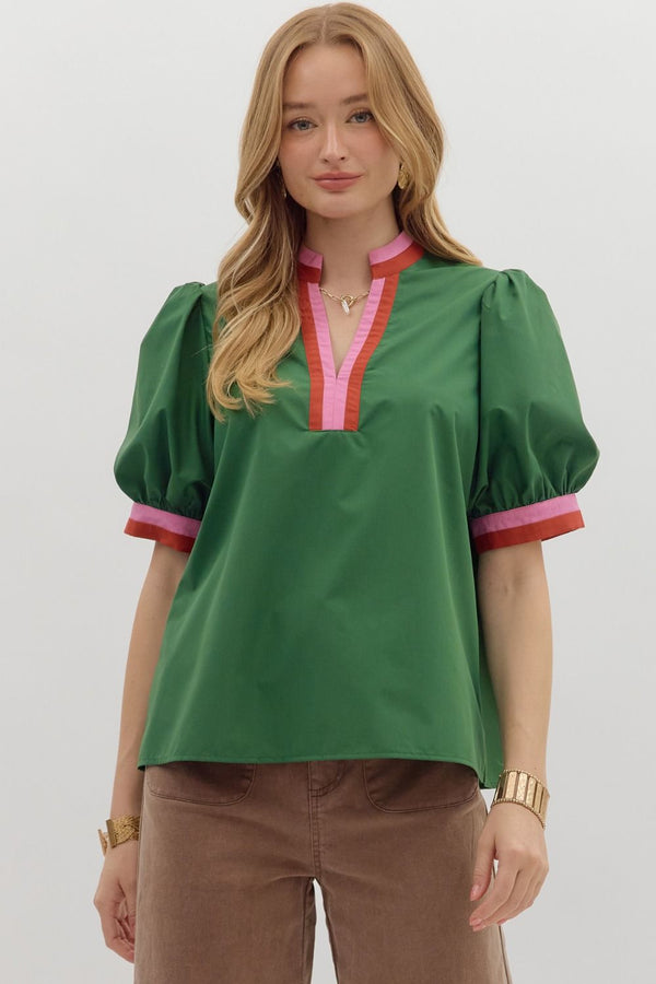 Chic Contrast Collar Top | Hunter Green Burgundy Pink