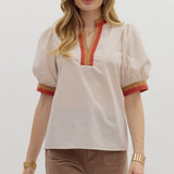 Chic Contrast Collar Top | Cream and Rust