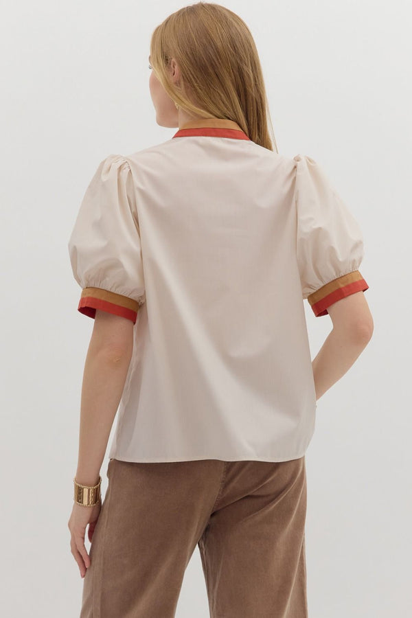 Chic Contrast Collar Top | Cream and Rust