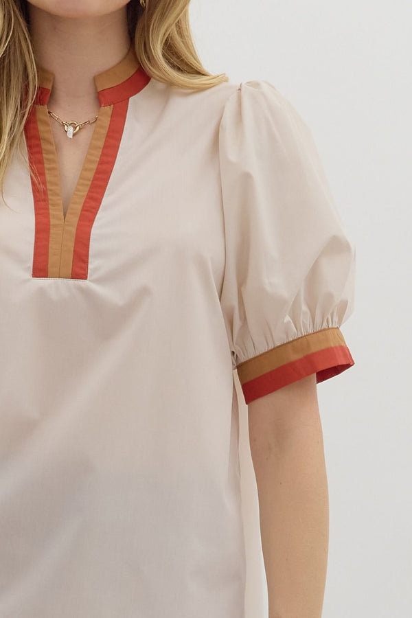 Chic Contrast Collar Top | Cream and Rust
