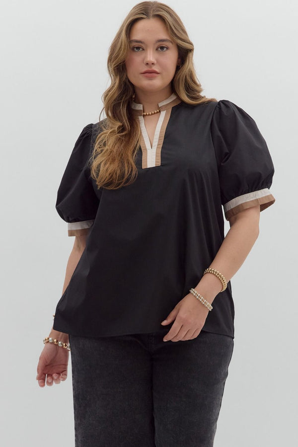 Chic Contrast Collar Top | Black and Tan