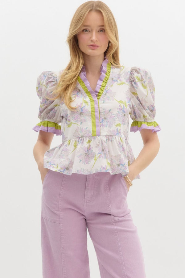 Lavender and Lime Floral Peplum Top