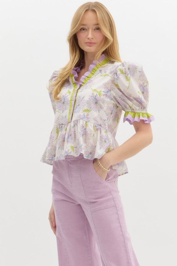 Lavender and Lime Floral Peplum Top