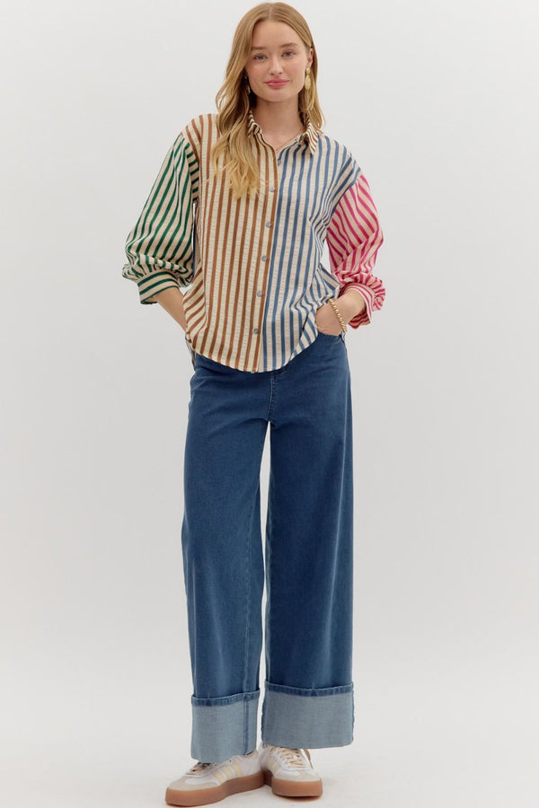 She's Unique Striped Color Block Button Up