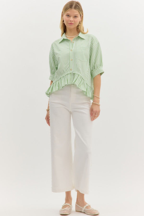 Green Stripe Ruffle Top
