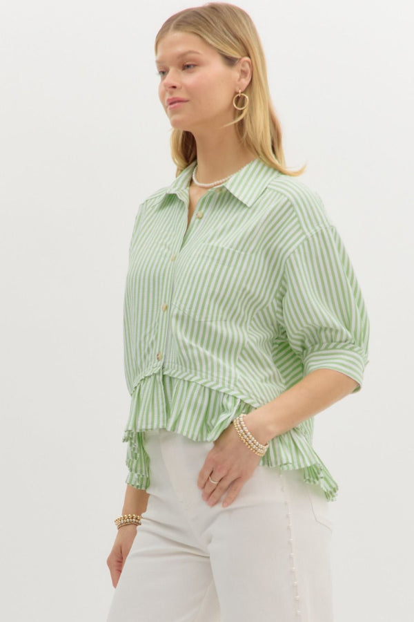 Green Stripe Ruffle Top