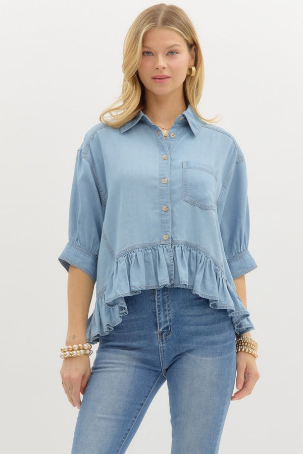 Denim Ruffle Button Down