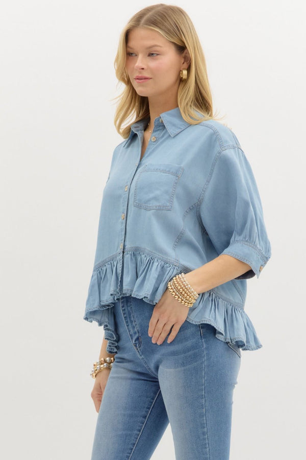 Denim Ruffle Button Down