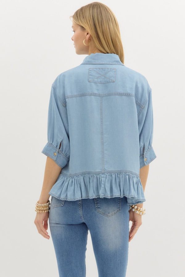 Denim Ruffle Button Down