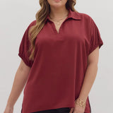 Curvy Burgundy Split Collar Side Slit Top