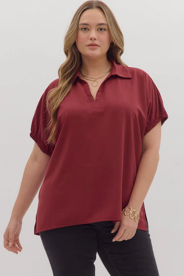 Curvy Burgundy Split Collar Side Slit Top