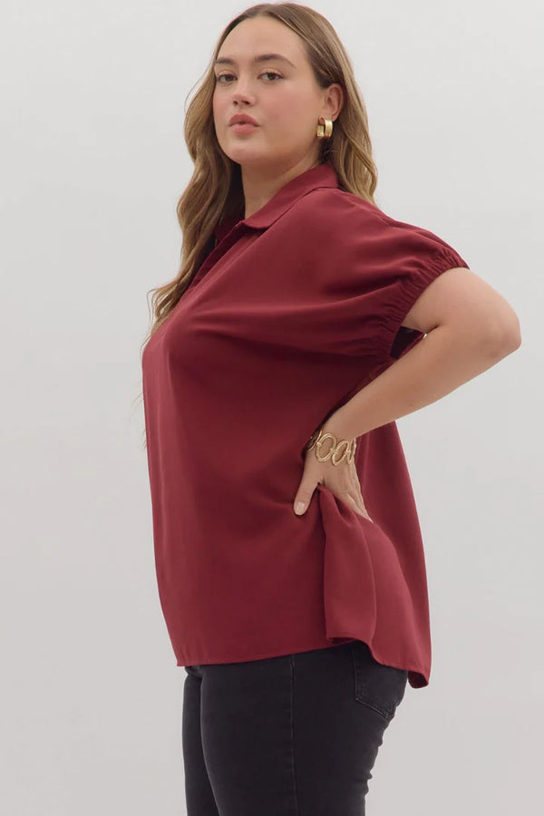 Curvy Burgundy Split Collar Side Slit Top
