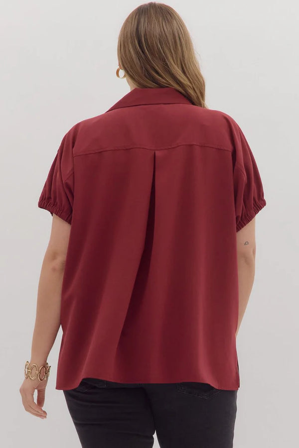 Curvy Burgundy Split Collar Side Slit Top