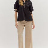 Found My Way Zip Collar Top  | Black and Oatmeal