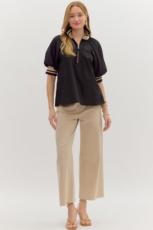 Found My Way Zip Collar Top  | Black and Oatmeal