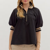 Found My Way Zip Collar Top  | Black and Oatmeal