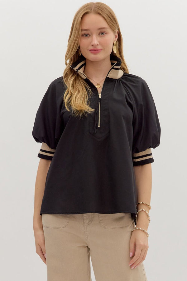 Found My Way Zip Collar Top  | Black and Oatmeal
