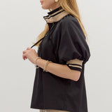 Found My Way Zip Collar Top  | Black and Oatmeal