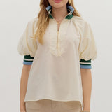 Found My Way Zip Collar Top  | Cream Green and Blue