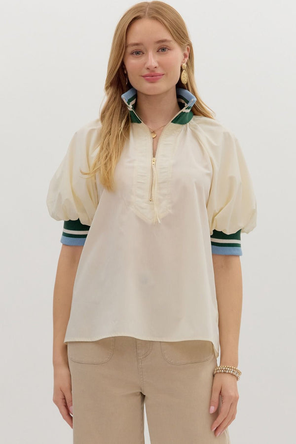 Found My Way Zip Collar Top  | Cream Green and Blue