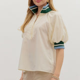Found My Way Zip Collar Top  | Cream Green and Blue