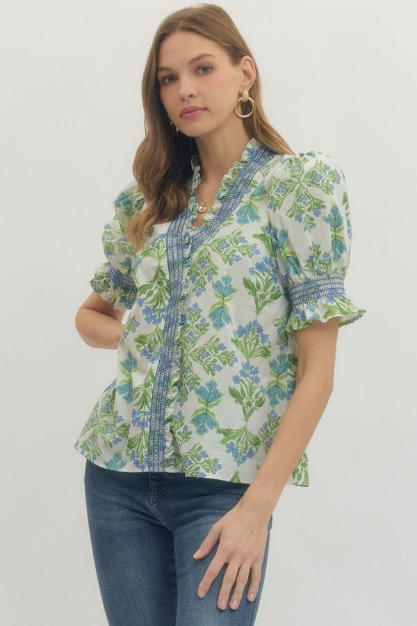 The Spring in Bloom Puff Sleeve Blouse | Blue
