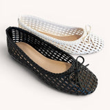 Woven Lattice Ballet Flats with Ribbon Bow Deta