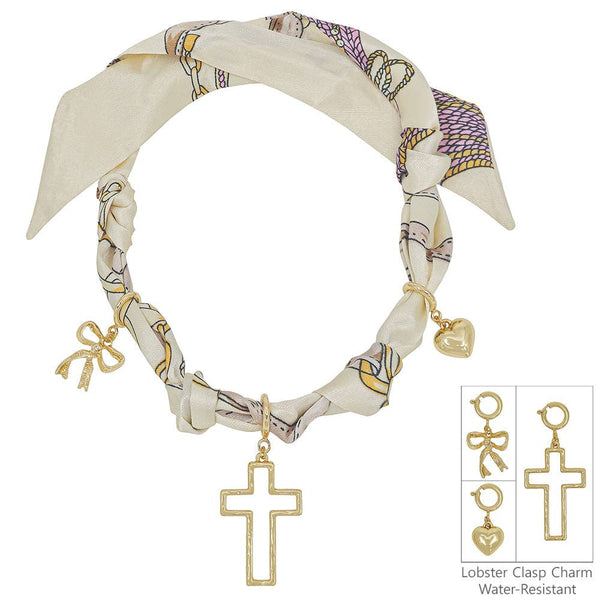 Cream/Natural Knotted Scarf Necklace with Heart, Cross, and Pearl Charm,  VERY POPULAR!