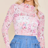 Patchwork Floral Mock Neck Top