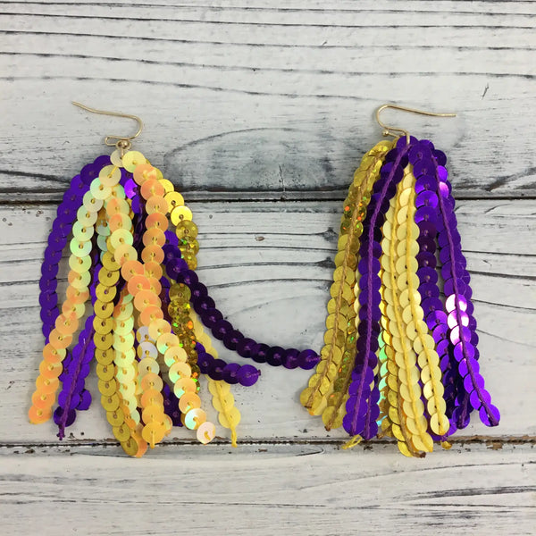 Purple and Gold Sequin Tassel Earrings