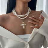 MULTI WRAP PEARL BEADED CROSS CHARM NECKLACE