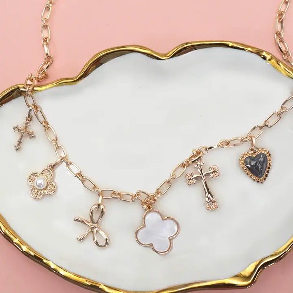 Charm Necklace Bow Cross Heart Flower