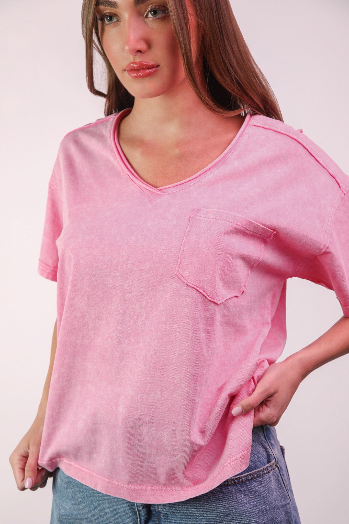 Pink Mineral Washed V-neck Knit Top