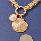 SHELL PEARL CHARM DOUBLE CHAIN NECKLACE