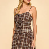 Plaid Ruched Bodice Plaid Mini Dress With Bow Detail