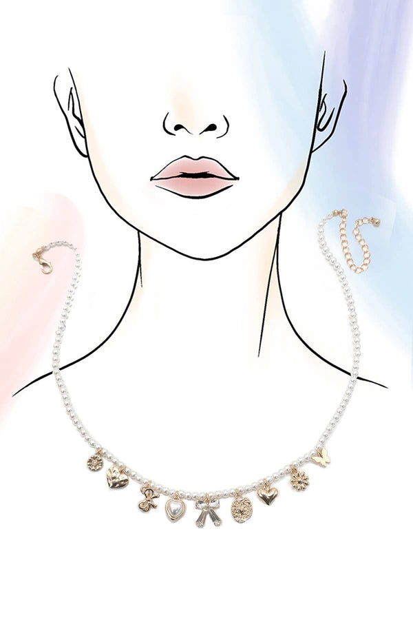 CHARM NECKLACE-BOW SUNFLOWER HEART PEARL CHAIN