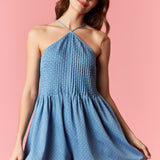 Polka Dot Printed Denim Romper